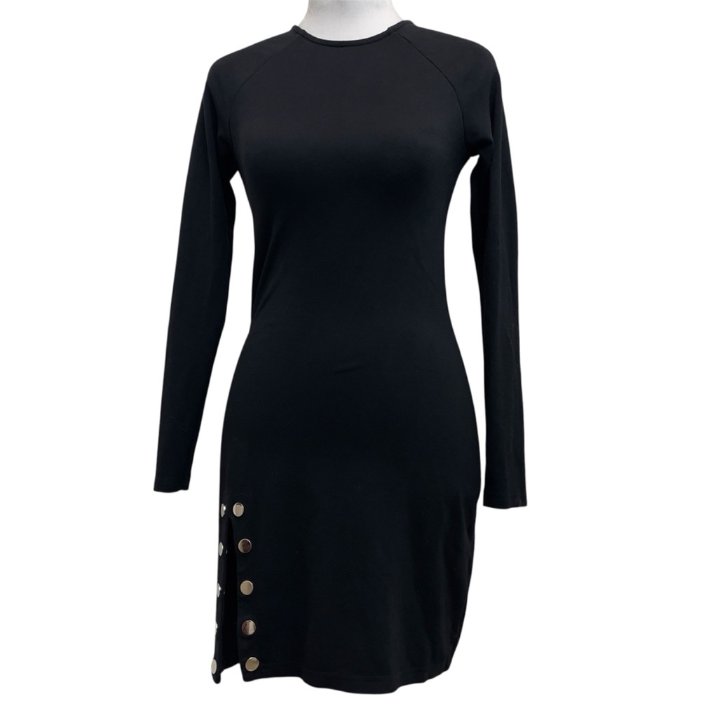Showpo Black Long Sleeve Button Side Slit Jersey Bodycon Cocktail Mini Dress